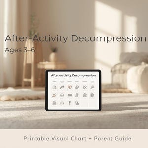May include: A digital tablet displays a visual chart titled "After-Activity Decompression" for ages 3-6. The chart features various black and white icons. The text "Printable Visual Chart + Parent Guide" is at the bottom.