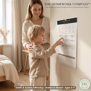 May include: A white wall-mounted chart titled THE HOMEWORK COMPASS, featuring a numbered sequence from 1 to 5, task categories, and a checklist. The chart includes text for after-school focus and task navigation for neurodivergent children.