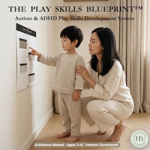May include: The Play Skills Blueprint Autism & ADHD Play Skills Development System is a white wall chart with black text and grey rectangular sections. The chart features the title at the top and is designed for children aged 3-6 years old.