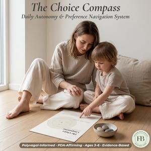 May include: A woman and child are seated on a wooden floor, looking at a printed chart titled "The Choice Compass." The chart is beige with a circular design. The text "Daily Autonomy & Preference Navigation System" is above the chart. A small bowl of stones is nearby.