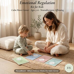 May include: A mother and child are seated on a woven rug, with cards displaying emotions. The cards are labelled with emotions. The image text reads "Emotional Regulation Kit for Kids" and "FocusBloom - Where Science Meets the Calm Corner."