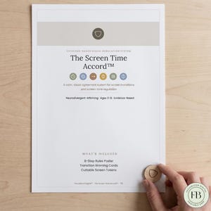 May include: A white informational poster titled The Screen Time Accord with a beige header, a shield icon, and six colourful circular icons. The text includes Evidence-Based Visual Regulation System, Neurodivergent-Affirming, Ages 3-6, and What's Included.