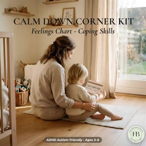 Può includere: Una donna e un bambino sono seduti su un tappeto, leggendo una carta con la scritta "CALM DOWN CARDS". Il testo "CALM DOWN CORNER KIT Feelings Chart - Coping Skills" è sopra di loro. L'immagine è etichettata "ADHD Autism Friendly - Ages 3-6."
