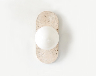 Travertine Stone and Opal Glass Globe Shade Sconce Light Flush Mount Travertine Light Fixture Mud Room Wall Light Bathroom Travertine Sconce