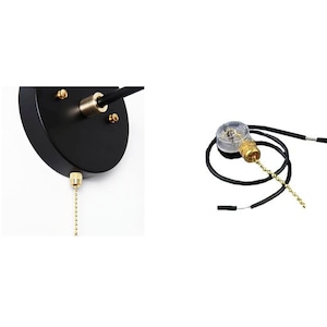 May include: A black ceiling light fixture with a gold chain pull switch. The switch is separate from the fixture and has a clear plastic housing.