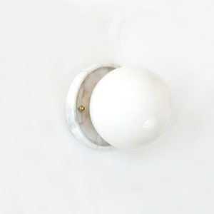 Mid Century Modern White Marble and Opal Glass Globe Sconce White Marble Vanity Light White Marble Kitchen Sconce Glass Globe Pantry Light