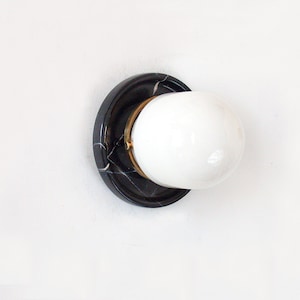 Minimalist Black Veined Marble and Opal Glass Shade Flush Mount Sconce Black Marble Vanity Light Black and White Utility Sconce Foyer Light