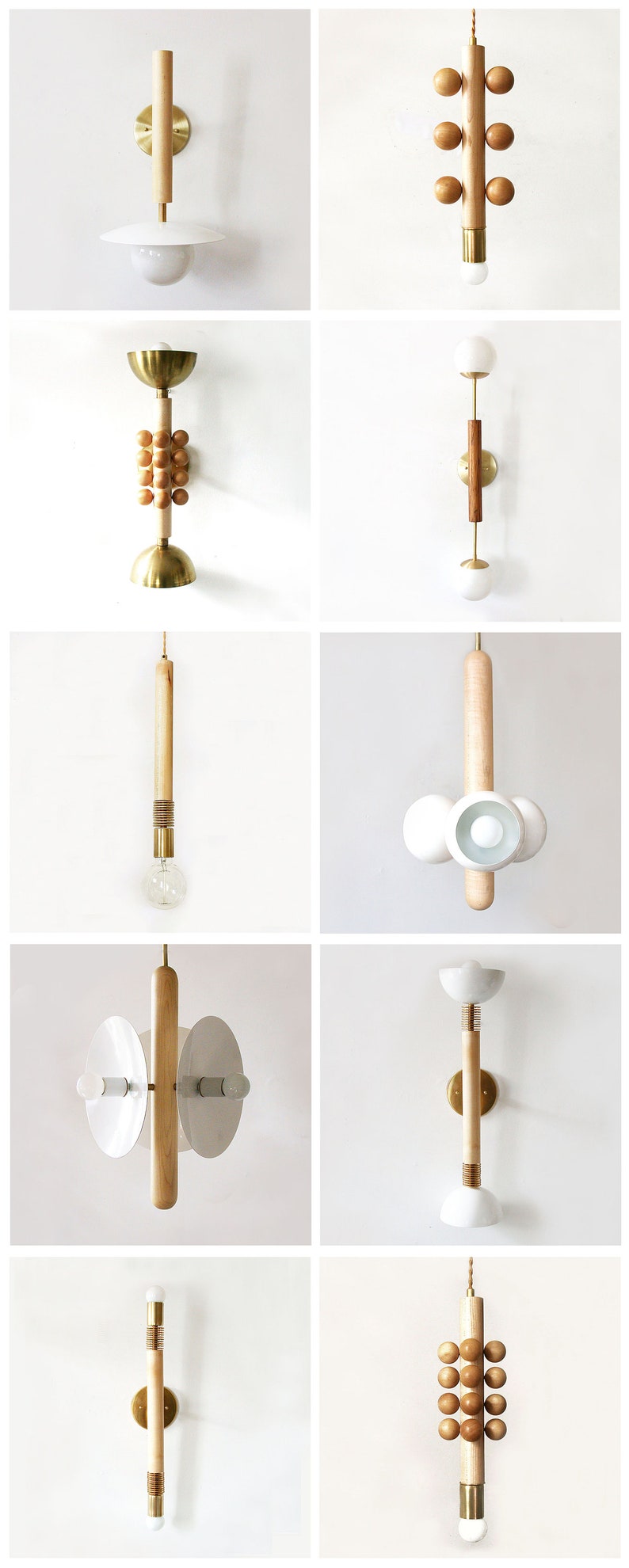 Puede incluir: Una colecci&oacute;n de nueve apliques de pared &uacute;nicos con detalles de madera y accesorios de lat&oacute;n. Cada aplique presenta un dise&ntilde;o diferente, que incluye una pantalla redonda blanca, un grupo de esferas de madera y una bombilla &uacute;nica con un tallo de madera.
