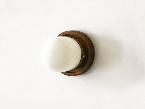 Minimal Walnut and White Globe Sconce Lamp Modern Wooden Fixture Light Walnut Vanity Sconce Walnut Kitchen Wall Light Staircase Sconce Light
