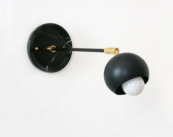Mid Century Modern Black Marble and Fisheye Shade Adjustable Sconce Light Modern Fixture Light One Arm Black Sconce Black Kitchen Wall Light