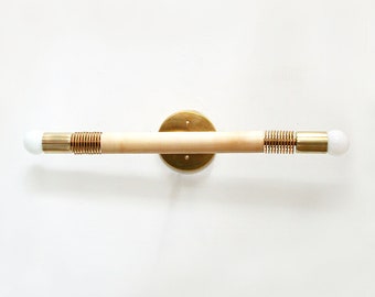 Brass and Maple Mid Century Double Wall Fixture Light Mirror Vanity Side Lighting Living Room Lights Bathroom Sconce Entry Wall Light