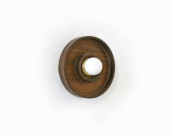 Mid Century Modern Walnut Round Sconce Light Walnut and Brass Wall Light Fixture Walnut Vanity Lights Foyer Walnut and Brass Sconces