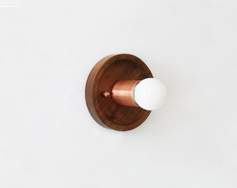 Copper & Walnut Wall Sconce, Minimalist Light Fixture, Small Utility Lighting