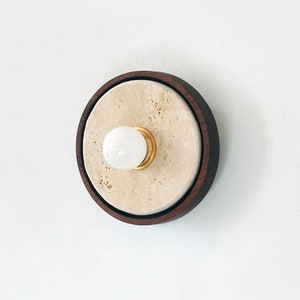 Walnut and Travertine Round Sconce Light Travertine Vanity Lighting Travertine Kitchen Light Fixture Walnut Mudroom Wall Lights