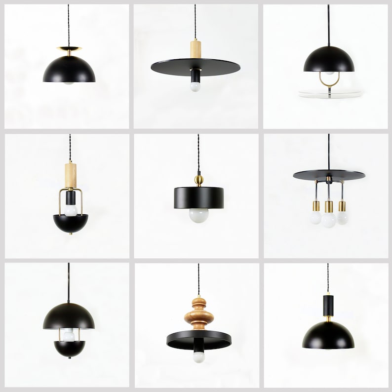 May include: Nine different black pendant lights with various styles, including a dome shape, a flat disc, and a cage design. Some lights feature wooden accents and multiple bulbs.