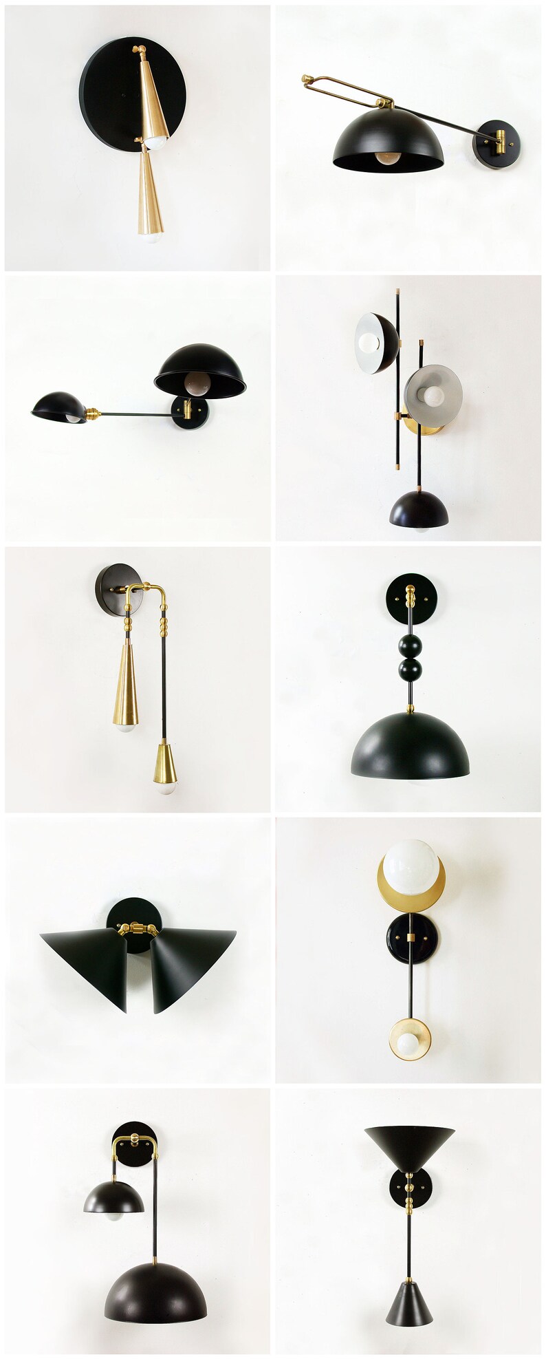 May include: Collection of modern wall sconces and pendant lights. Designs include black and gold finishes, geometric shapes, and dome shades. Each light fixture is mounted on a white wall, showcasing a variety of contemporary lighting options.
