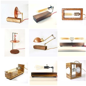 May include: A collection of handmade industrial-style lamps. The lamps feature Edison-style bulbs, copper shades, and wooden bases. Designs include adjustable arm lamps, rectangular lamps, and lamps with exposed wiring. Each lamp has a unique design.