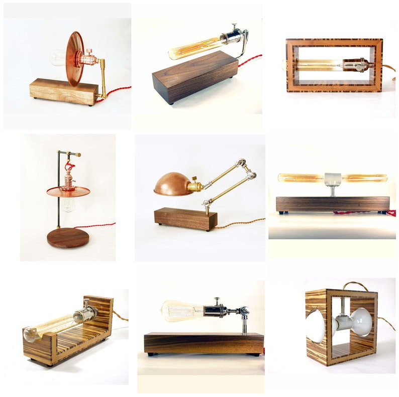 May include: A collection of handmade industrial-style lamps. The lamps feature Edison-style bulbs, copper shades, and wooden bases. Designs include adjustable arm lamps, rectangular lamps, and lamps with exposed wiring. Each lamp has a unique design.