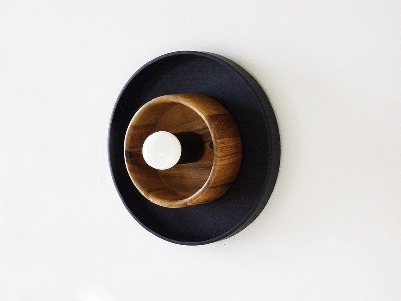 Modern Wood and Black Round Wall Sconce Light Wooden Sconce Etsy