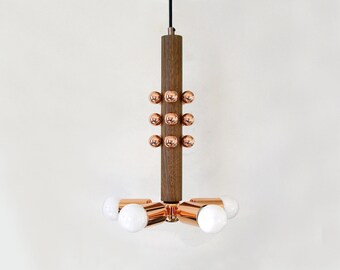 Copper & Walnut Wood Pendant Light - Modern Kitchen Lighting - Powder Room Ceiling Light Fixture