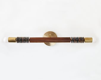 Tiger Eye Gemstone and Walnut Wall Fixture Light Double Walnut and Brass Sconce Light Gemstone Double Vanity Sconce Bedside Walnut Lamp