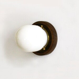May include: A modern wall sconce featuring a white globe light fixture set within a dark wood and brass circular frame. The sconce is mounted on a white wall, offering a minimalist design suitable for various interior styles.