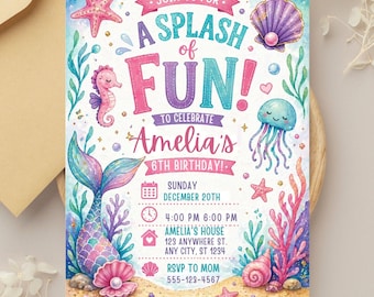 Invitación de cumpleaños con cola de sirena, fiesta bajo el mar, plantilla editable de Canva, descarga digital.