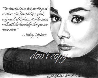 Print  of Audrey Hepburn Drawing - Customize -Add Your Favorite Quote