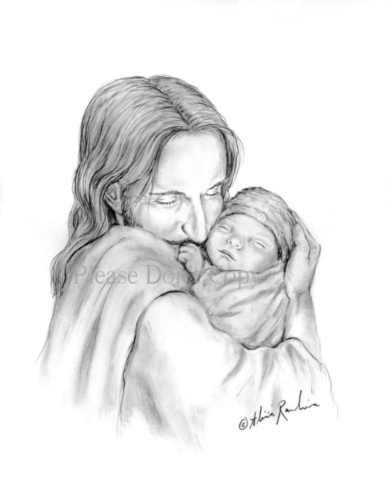 Print Glimpse of Heaven Jesus Christ Holding a Newborn Baby image 1