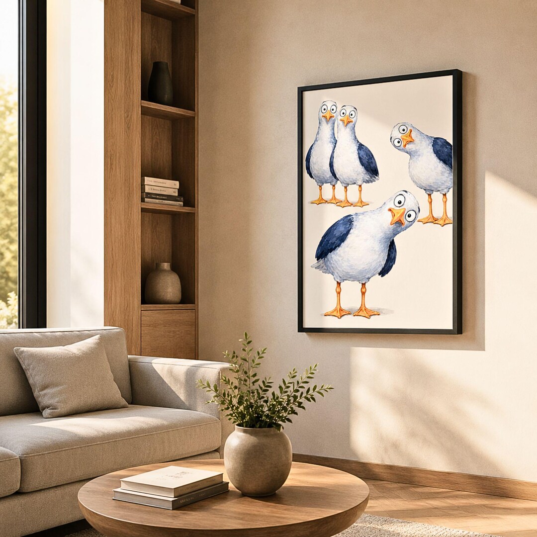 Funny Seagull Print, Coastal Bird Art, Beach House Decor, Nautical Wall ...