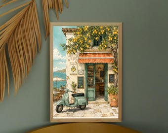 Lámina de cafetería con limoneros de la costa de Amalfi, arte de cocina costera mediterránea italiana (descarga digital).
