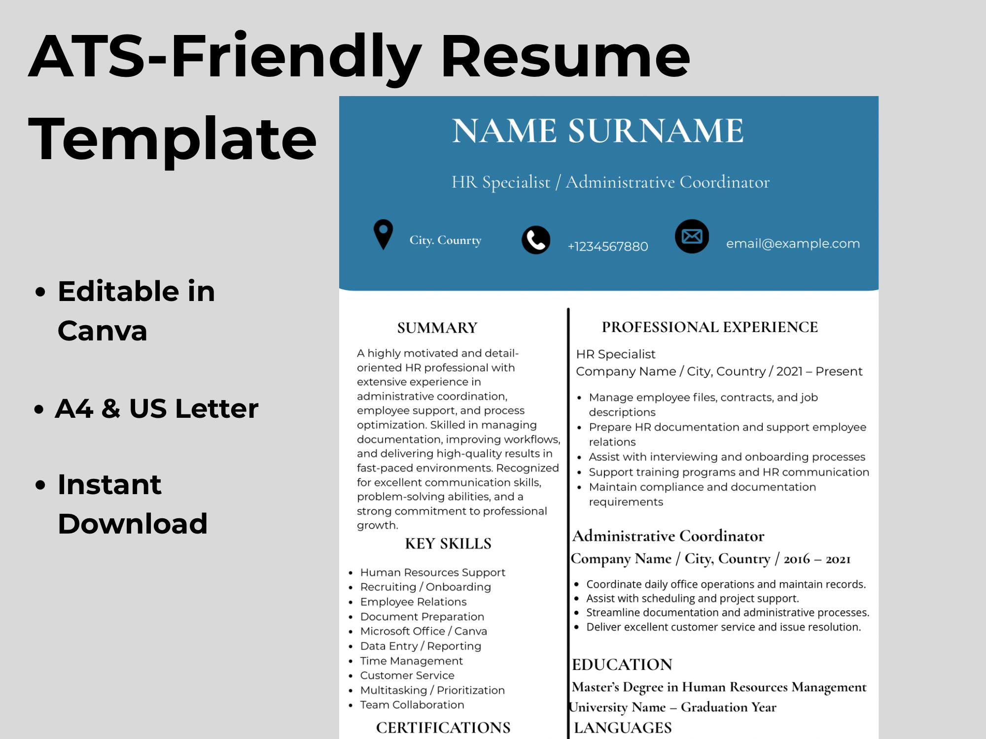 ATS Friendly Resume Template | HR Resume | Modern Professional Cv ...