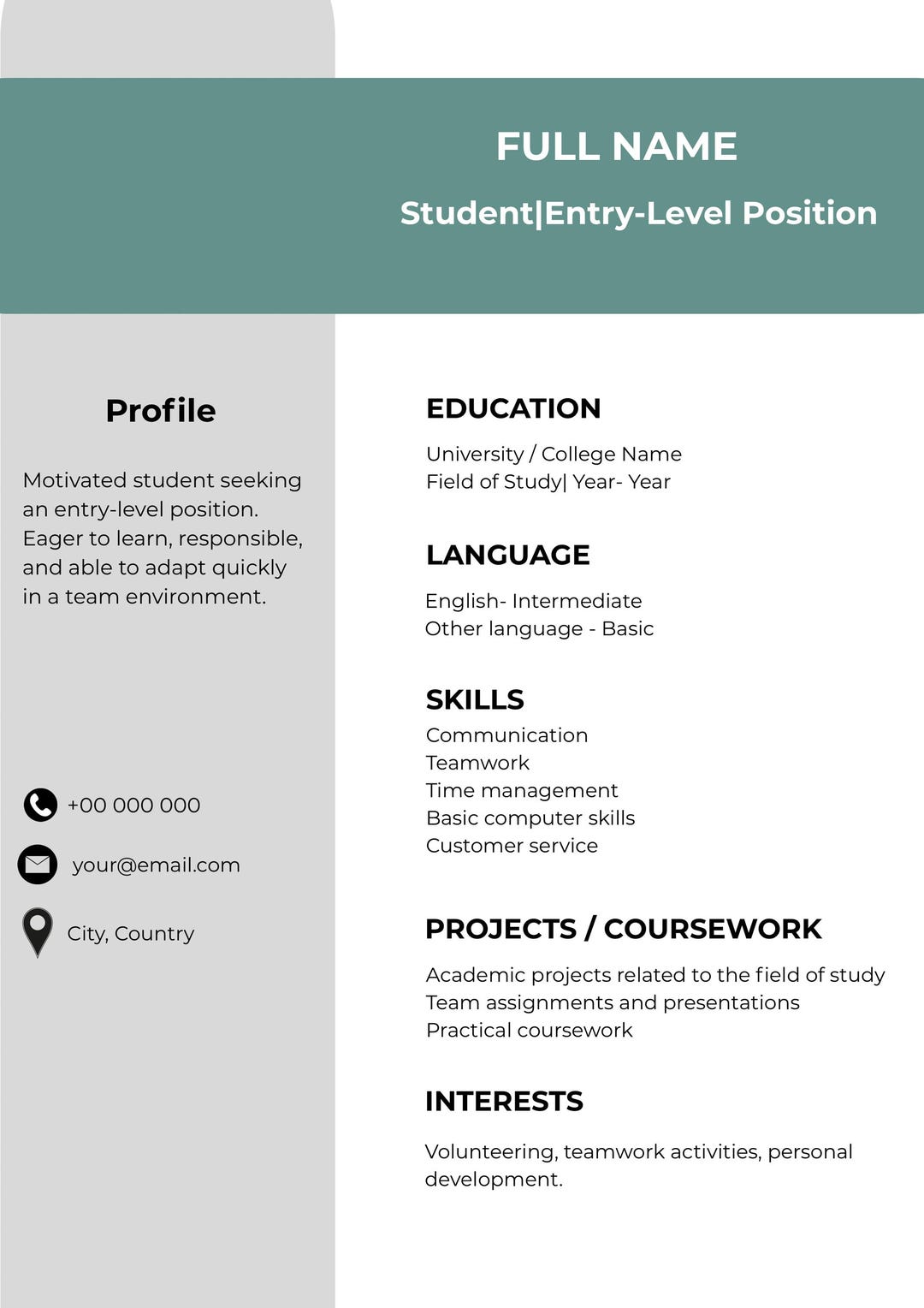 Student Resume Template | No Experience CV | First Job Resume | Canva ...
