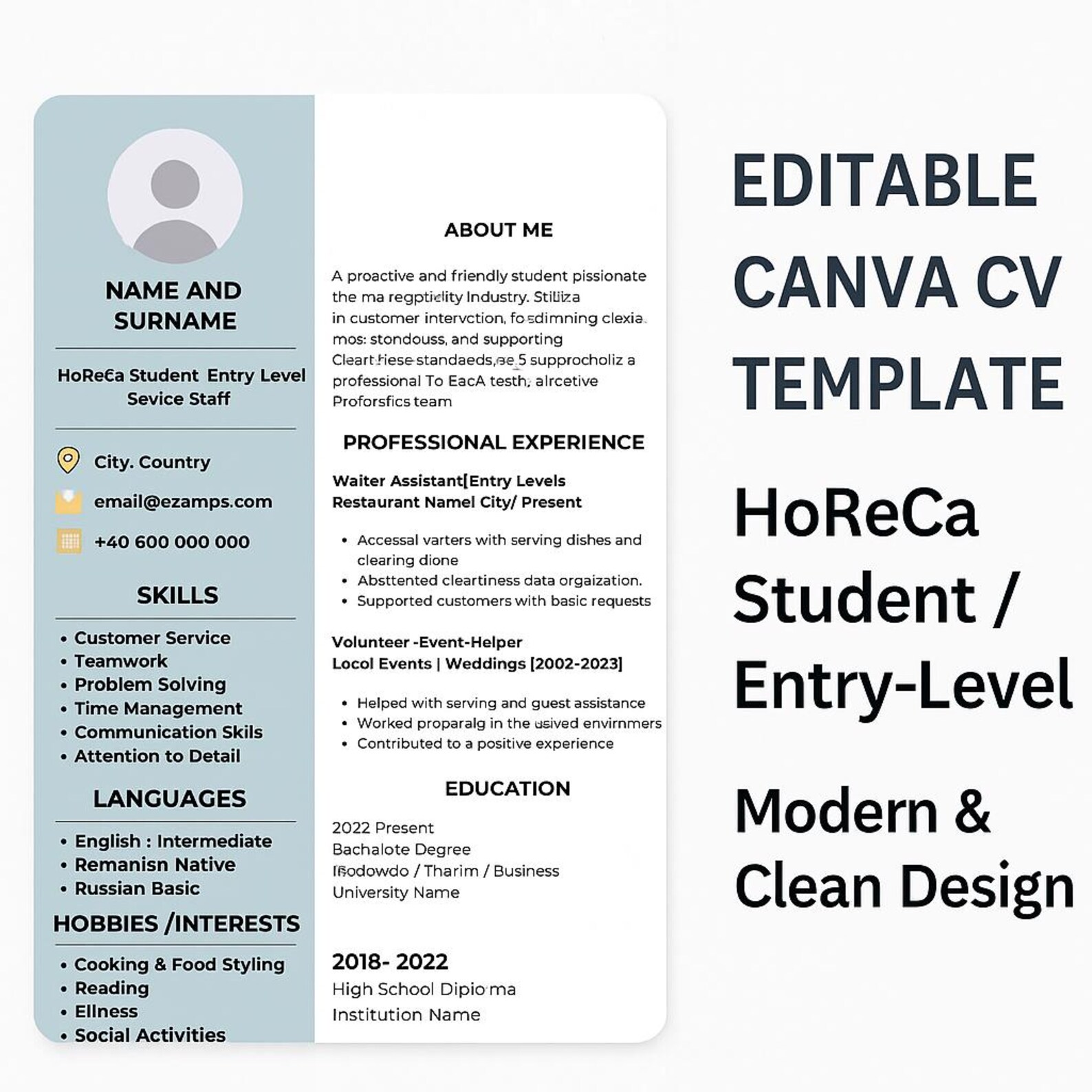 Hospitality Resume Template Entry Level Horeca CV Canva Etsy
