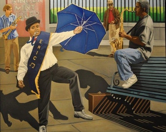 May include: An oil painting depicts a street scene with musicians. A person in a white shirt, black pants, and a blue sash that says "ERICA" is holding a blue umbrella. Other musicians play the saxophone and trumpet.