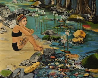 STEELEY FORK CREEK, Original oil on Birch Panel, landscape, figurative, modern beach art, summer, nature