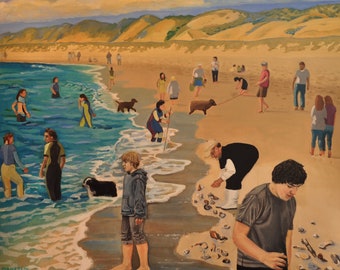 SHELLING, original oil on Birch panel, landscape, figurative, modern beach art, summer, nature, California Coast