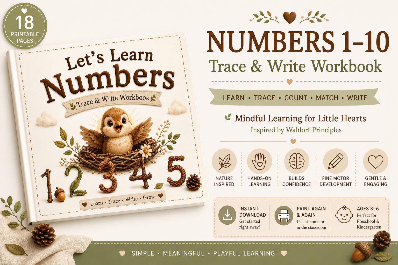 Nature-themed Number Workbook Printable PDF, Numbers 1-10 Tracing