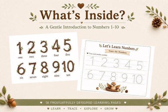 Nature-themed Number Workbook Printable PDF, Numbers 1-10 Tracing