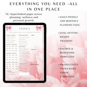 May include: Digital planner on a tablet with a pink floral design. The planner includes sections for yearly pages, monthly calendars, goals, and wellness tracking. Text on the screen reads "Everything You Need - All in One Place."