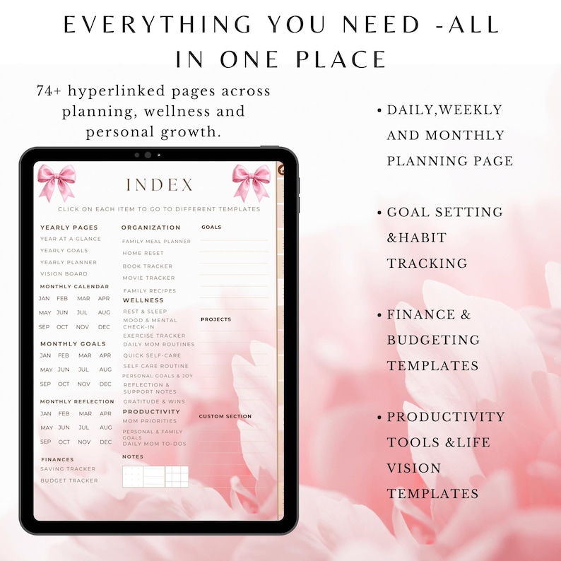 May include: Digital planner on a tablet with a pink floral design. The planner includes sections for yearly pages, monthly calendars, goals, and wellness tracking. Text on the screen reads "Everything You Need - All in One Place."