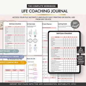 May include: A digital life coaching journal with a self-care checklist, crisis plan, and wheel of life assessment. The journal is device compatible and includes a yearly, monthly, and weekly planner layout. The journal is US Letter 8.5 x 11 inches.