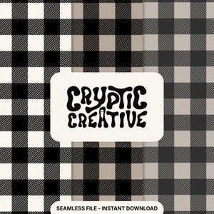 Puede incluir: Un diseño digital con un patrón de cuadros en blanco y negro y un fondo beige. Un rectángulo blanco redondeado contiene las palabras "Cryptic Creative" en una fuente retro. Las palabras "Seamless File - Instant Download" están en la parte inferior.