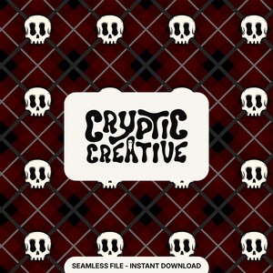 May include: A seamless pattern featuring white skull illustrations on a red and black plaid background. A white rectangle in the center displays the words "Cryptic Creative" in a bold, stylized font. The design is a seamless file.
