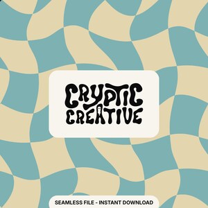 May include: A seamless digital file with a retro wavy pattern in light blue and beige. A white rectangle contains the words "Cryptic Creative" in a black, groovy font. The text "Seamless File - Instant Download" is at the bottom.