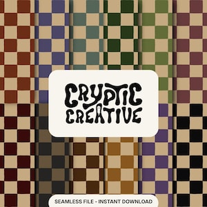 Puede incluir: Un diseño digital con un patrón de tablero de ajedrez en varios colores, incluyendo marrón, verde y morado. El diseño incluye el texto "CRYPTIC CREATIVE" en una fuente negra estilizada. También se incluye el texto "SEAMLESS FILE - INSTANT DOWNLOAD".