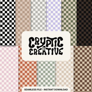 Könnte beinhalten: Eine Sammlung nahtloser digitaler Papiere mit Schachbrettmustern in verschiedenen Farben, darunter Schwarz und Weiß, Braun, Grau und Grün. Das Bild zeigt den Text "Cryptic Creative" in einer fetten Retro-Schriftart, mit den Worten "Seamless File - Instant Download" unten.