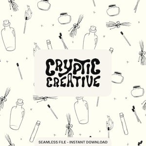 May include: Seamless pattern with hand-drawn illustrations of bottles, matches, bundles of herbs, and jars in black on a cream background. The text "Cryptic Creative" is displayed in a black, retro font.