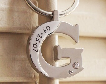 Personalized Keychain Wedding Anniversary Birthday Custom Date Stamped Stainless Steel Initial Keychain