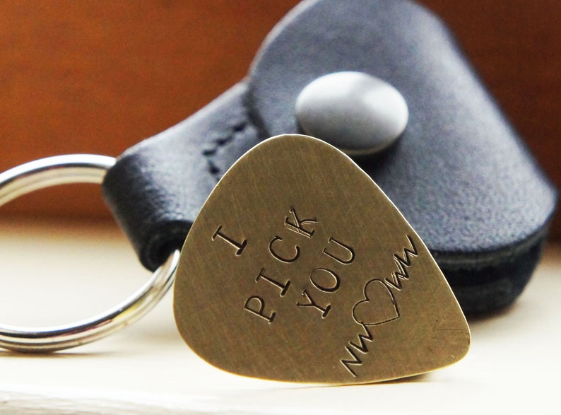Custom Guitar Pick Keychain Hand Stamped Personalized Brass Etsy